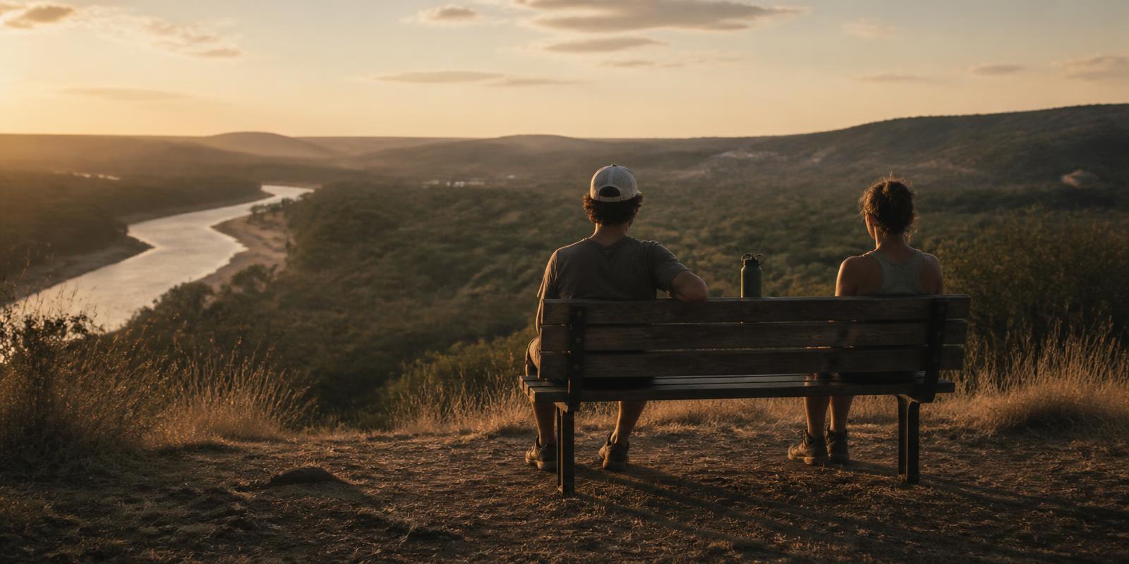 Two people on a bench at the end of a walk, seen from behind, looking out over the hill country at golden hour
