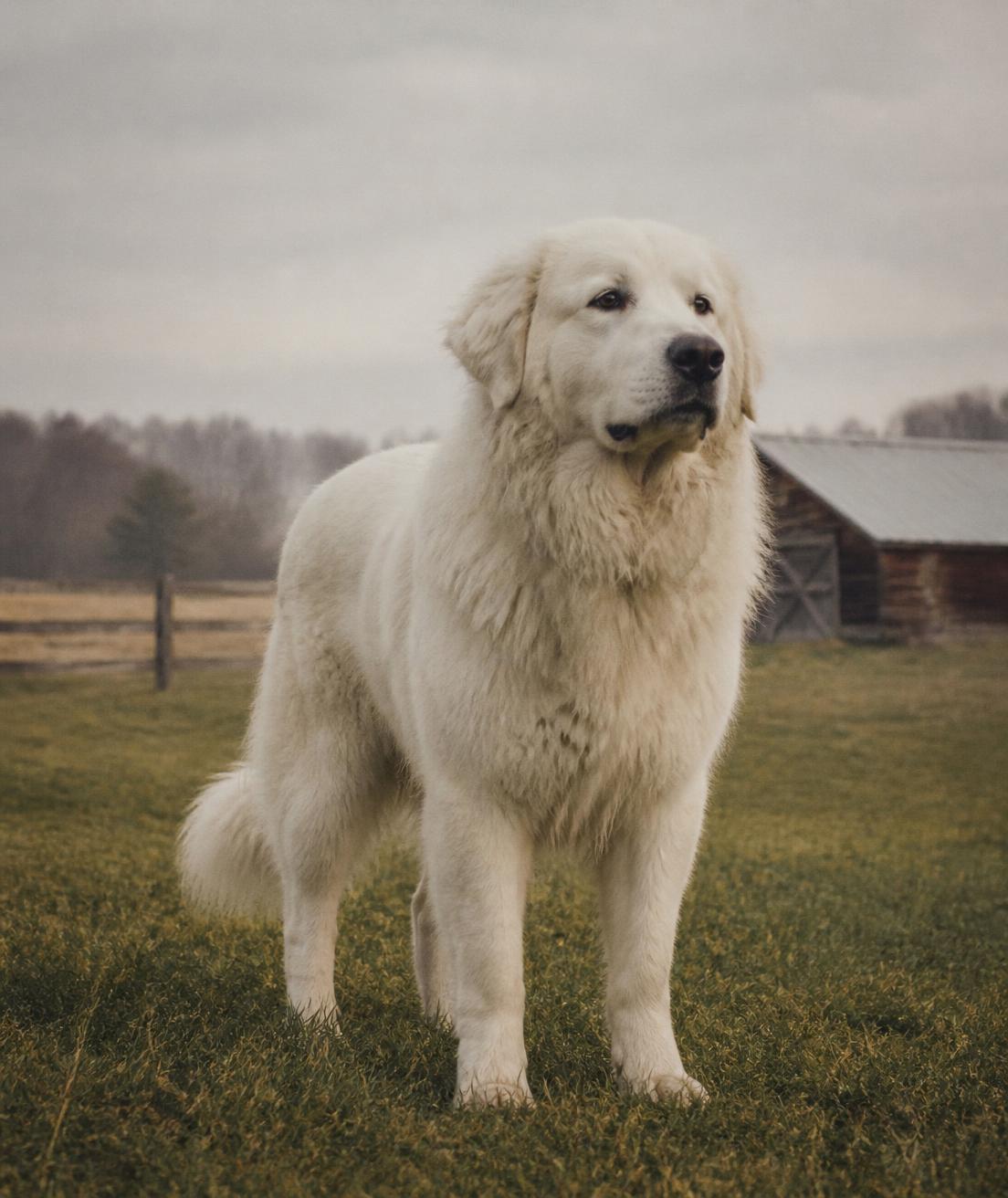 A large white Great Pyrenees mix standing calmly on grass, photographed at eye level