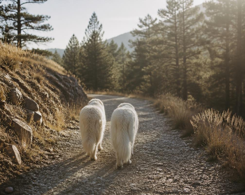 Two large white dogs walking side by side ahead on a gravel trail