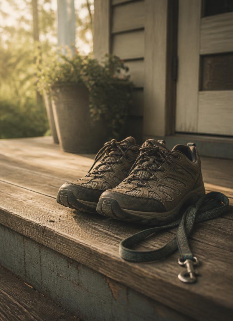 Worn walking shoes and a leash resting on a wooden porch step in early morning light