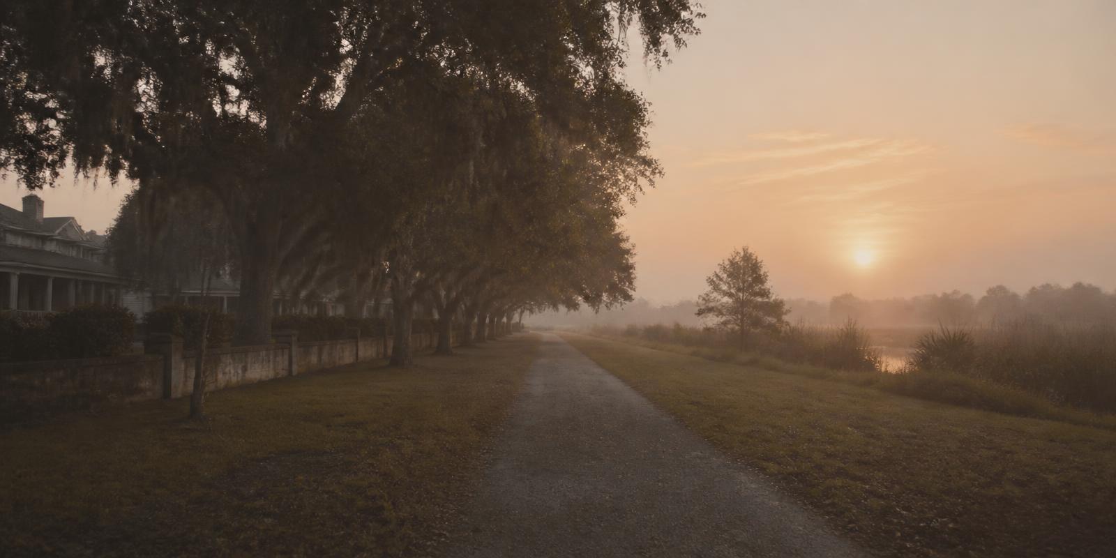 An empty trail lined with live oaks heading into the distance at sunrise